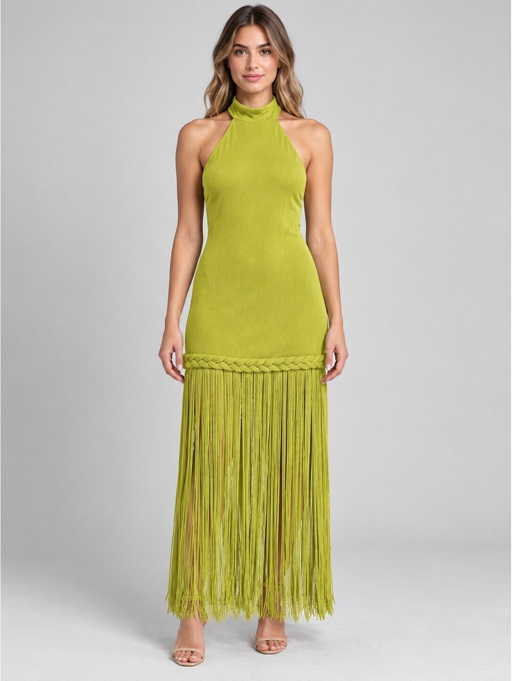 Silquee Lime Green Halter Fringe Maxi Dress Braided Waist Size S